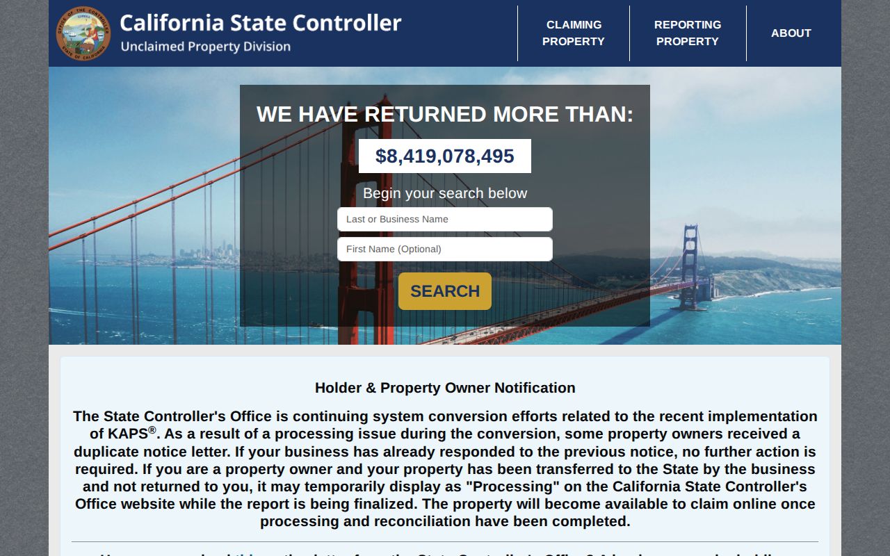 Murrieta resident lookup reference image of California unclaimed property search